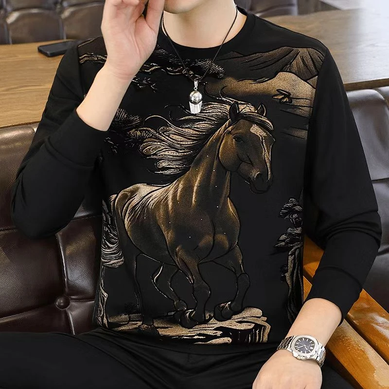 欧货轻奢卫衣男士圆领金丝绒打底衫秋冬新款时尚百搭潮流长袖T恤