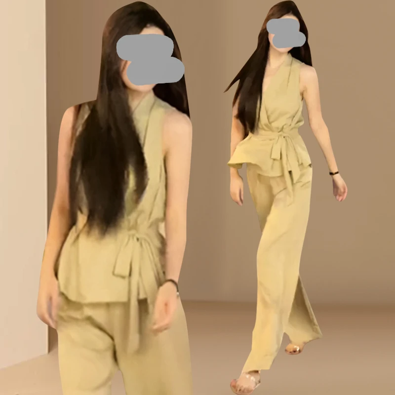 慵懒风韩系V领无袖绑带收腰显瘦上衣套装女2026夏洋气高腰阔腿裤