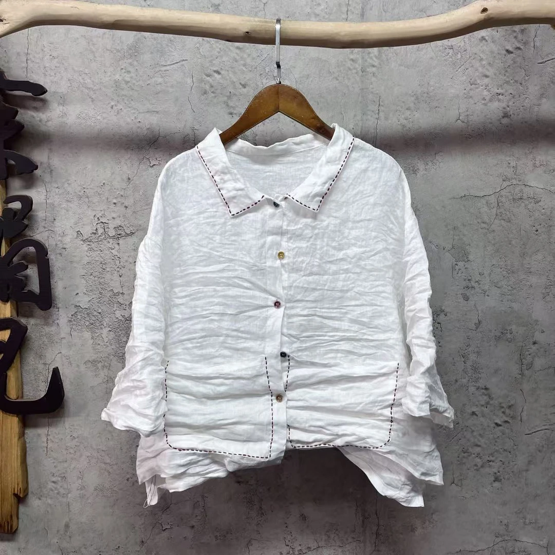 媚儿~原创复古亚麻水洗手工缝线衬衫（衣长55 胸围135）