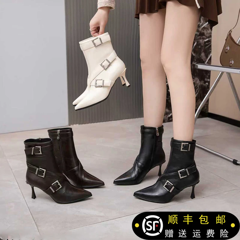尖头细跟短靴女2025秋冬新款气质时尚百搭中跟皮带扣时装靴965-23