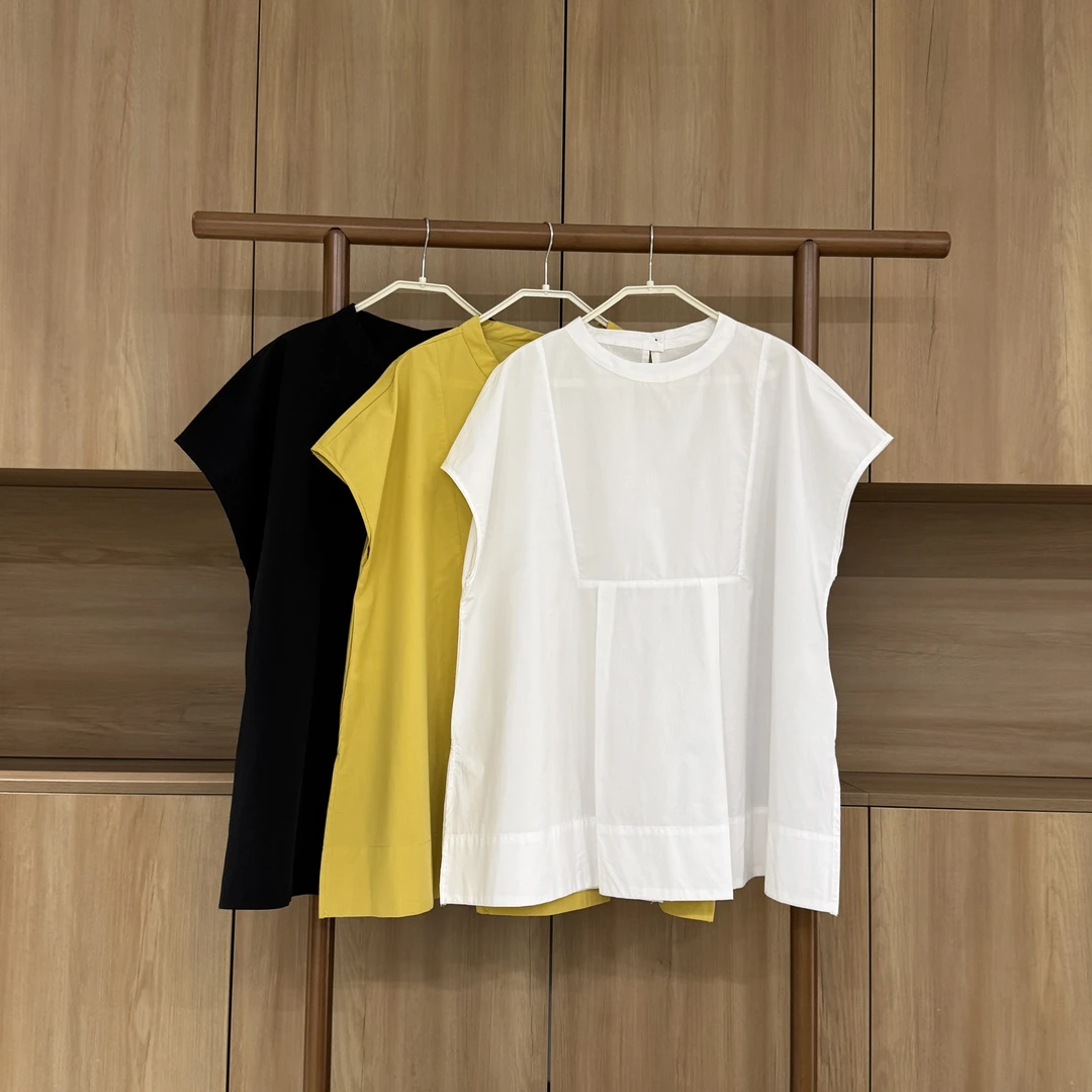 2025夏季新款韩版时尚休闲宽松显瘦圆领落肩袖衬衫女上衣