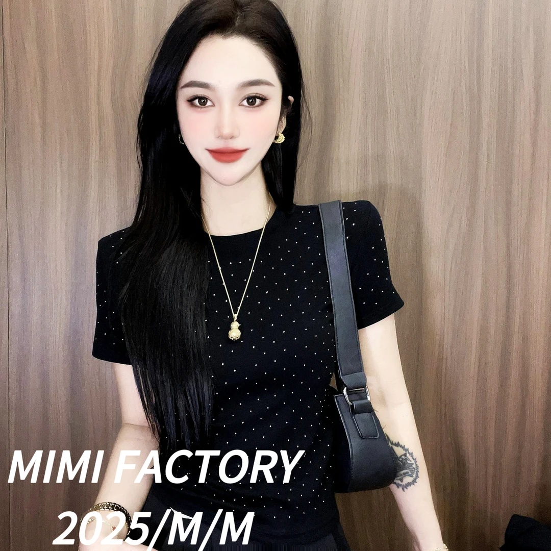 芈芈 2025早春新款 满天星工艺短袖T恤女时尚修身显瘦上衣XCTQ