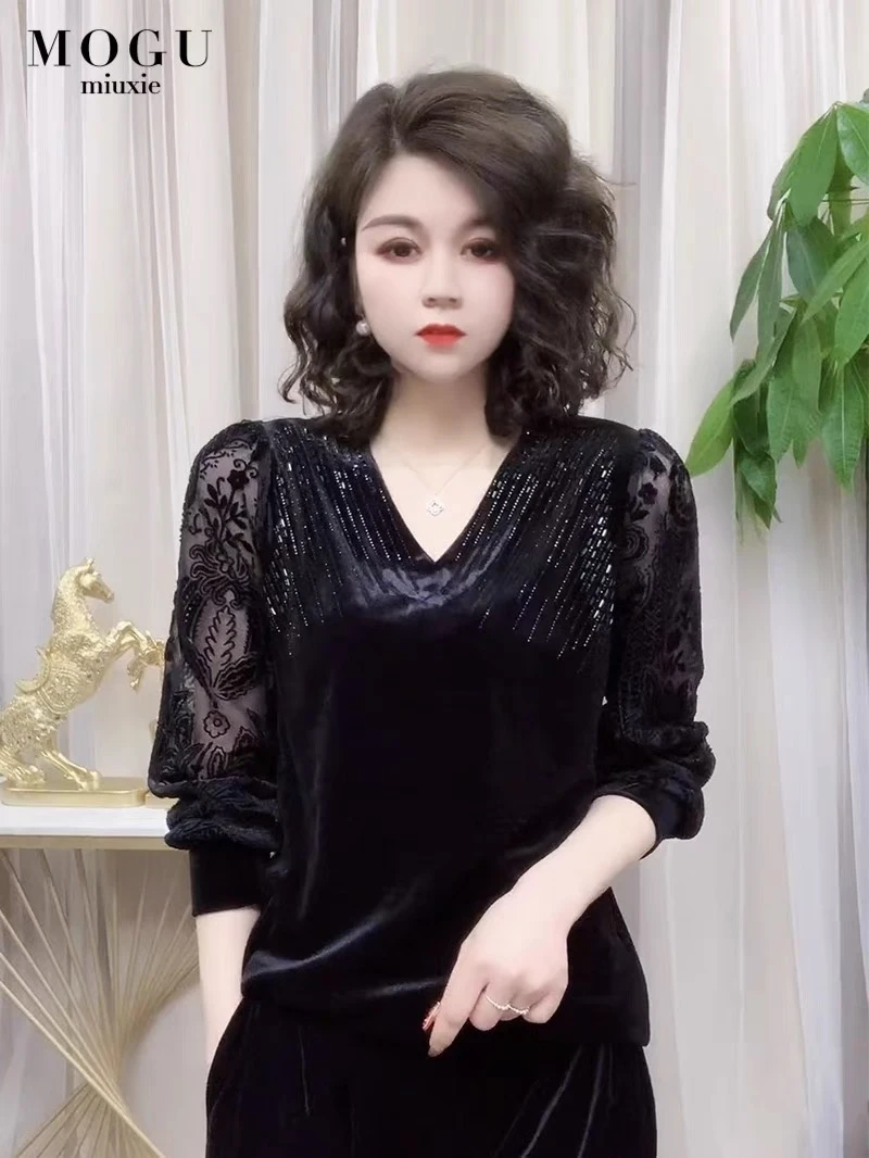 秋季新款长袖打底衫大码遮肚子显瘦气质百搭烫钻t恤洋气上衣女