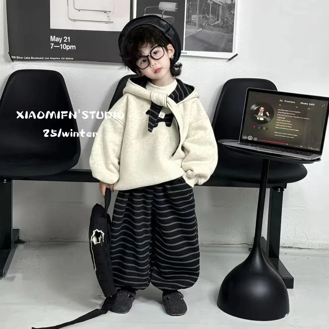 儿童冬季加绒加厚三件套2025新款韩版洋气宝宝帽子卫衣裤子三...