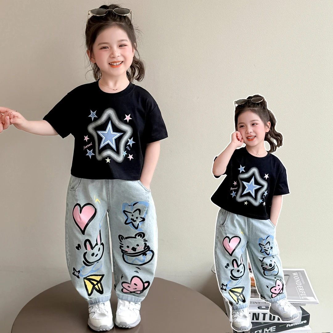 女童套装夏装2025新款儿童夏季洋气时髦薄款女孩短袖衣服两件套潮