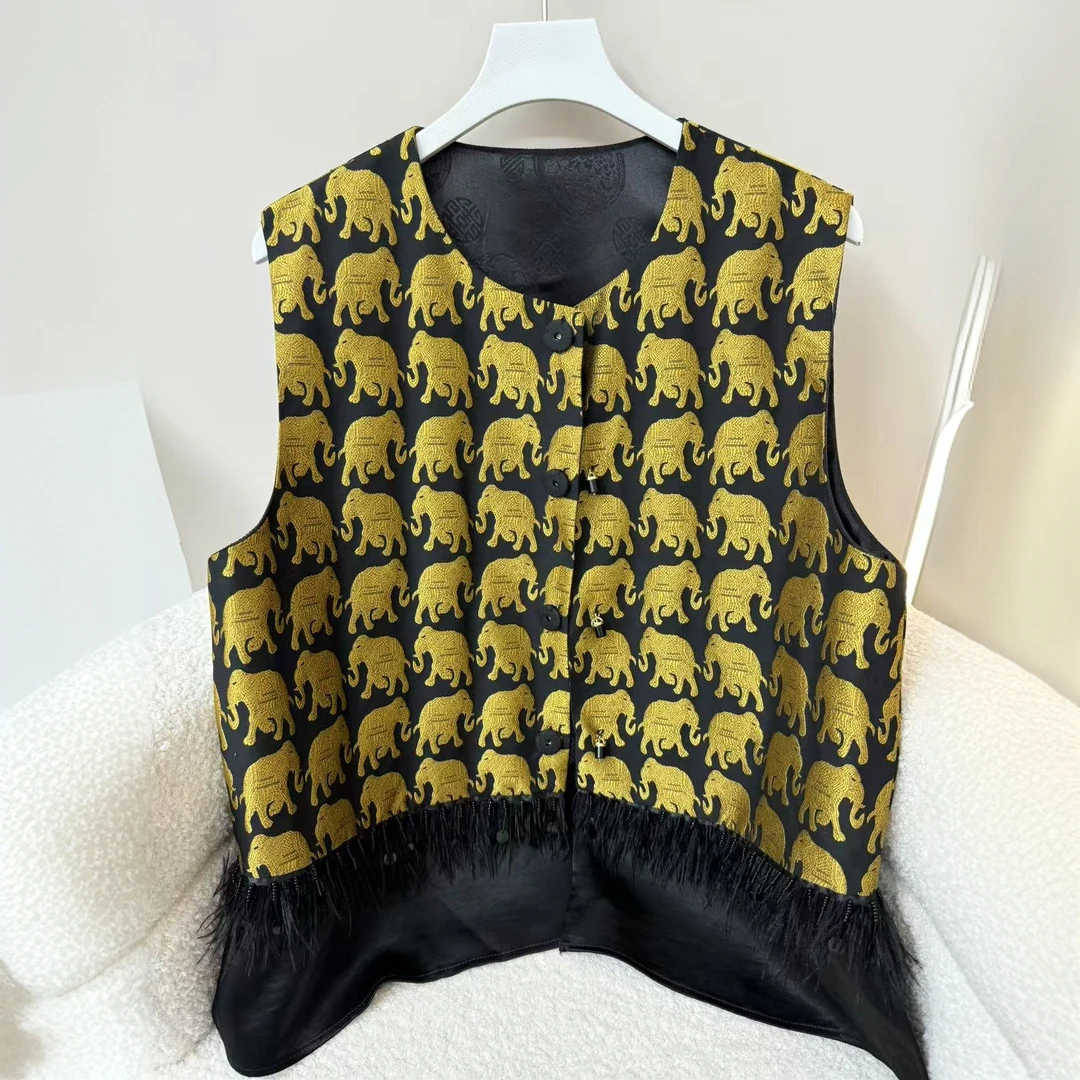 【吉象】2025春夏新款金色小象织锦提花新中式下摆拼接驼鸟毛马甲