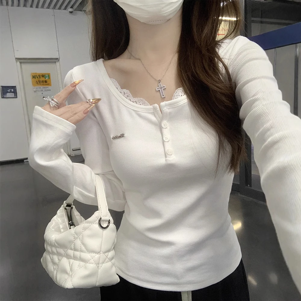 人棉纯欲蕾丝长袖正肩T恤女秋季韩系修身内搭打底衫正肩体恤上衣