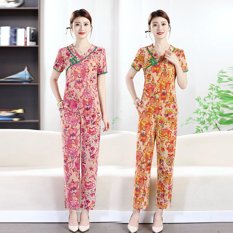 夏季V领复古民族风上衣搭配9分裤套装妈妈装休闲大码