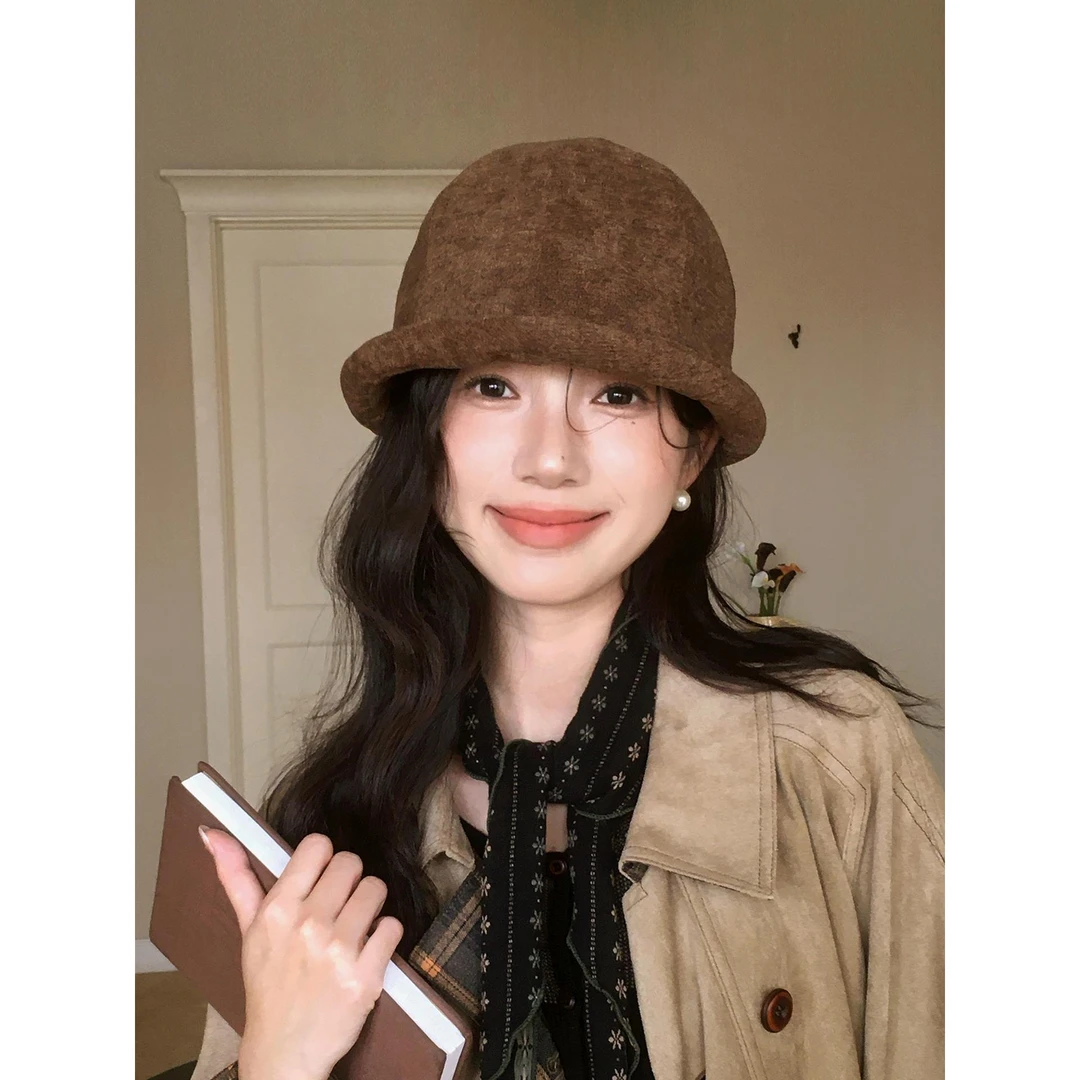 CanaryKiss日系卷边毛呢渔夫帽女秋冬季文艺圆顶盆帽高品质含羊毛