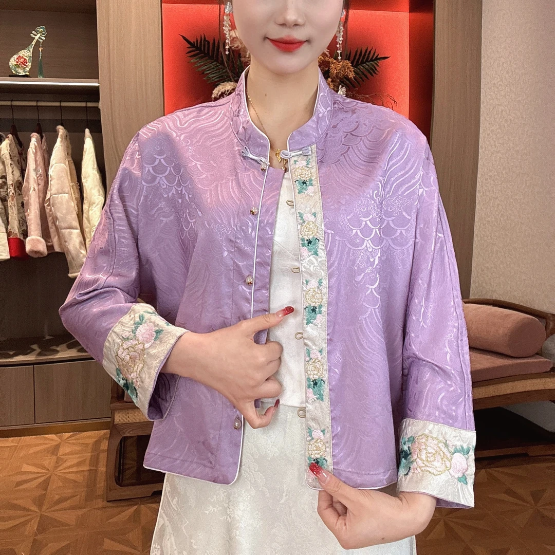 【紫芊】2025新款春季新中式上衣宽松国风绣花立领女装气质显瘦外套