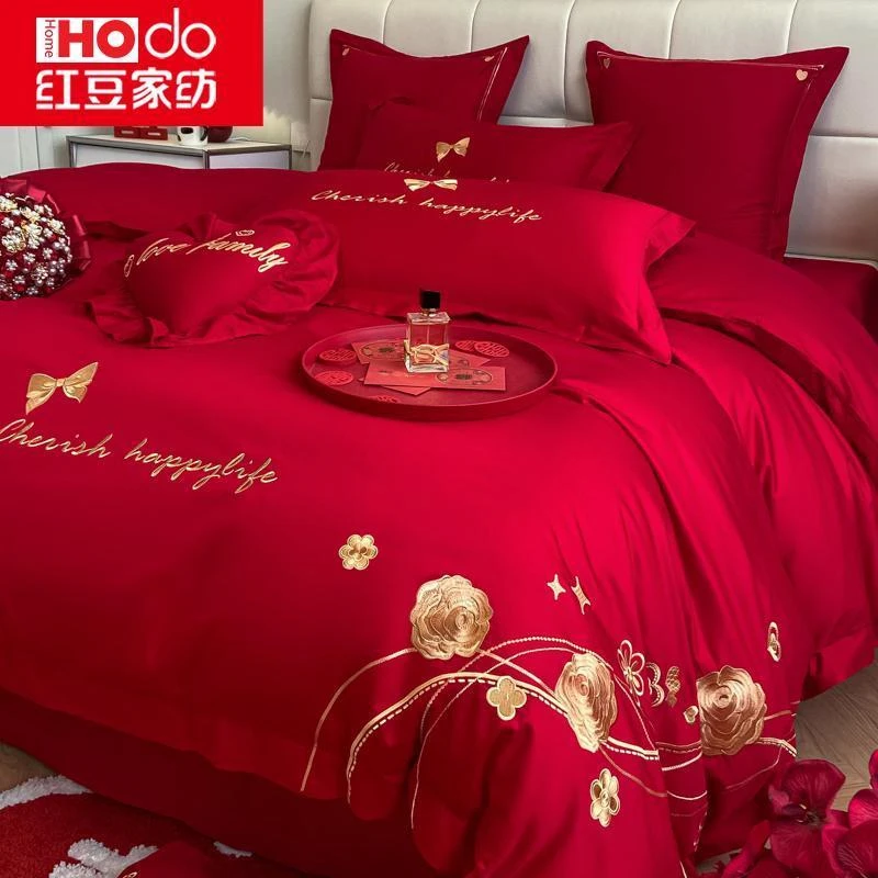 刺绣婚庆红豆家纺四件套婚床新婚新款刺绣风格贡缎棉六件套加厚床