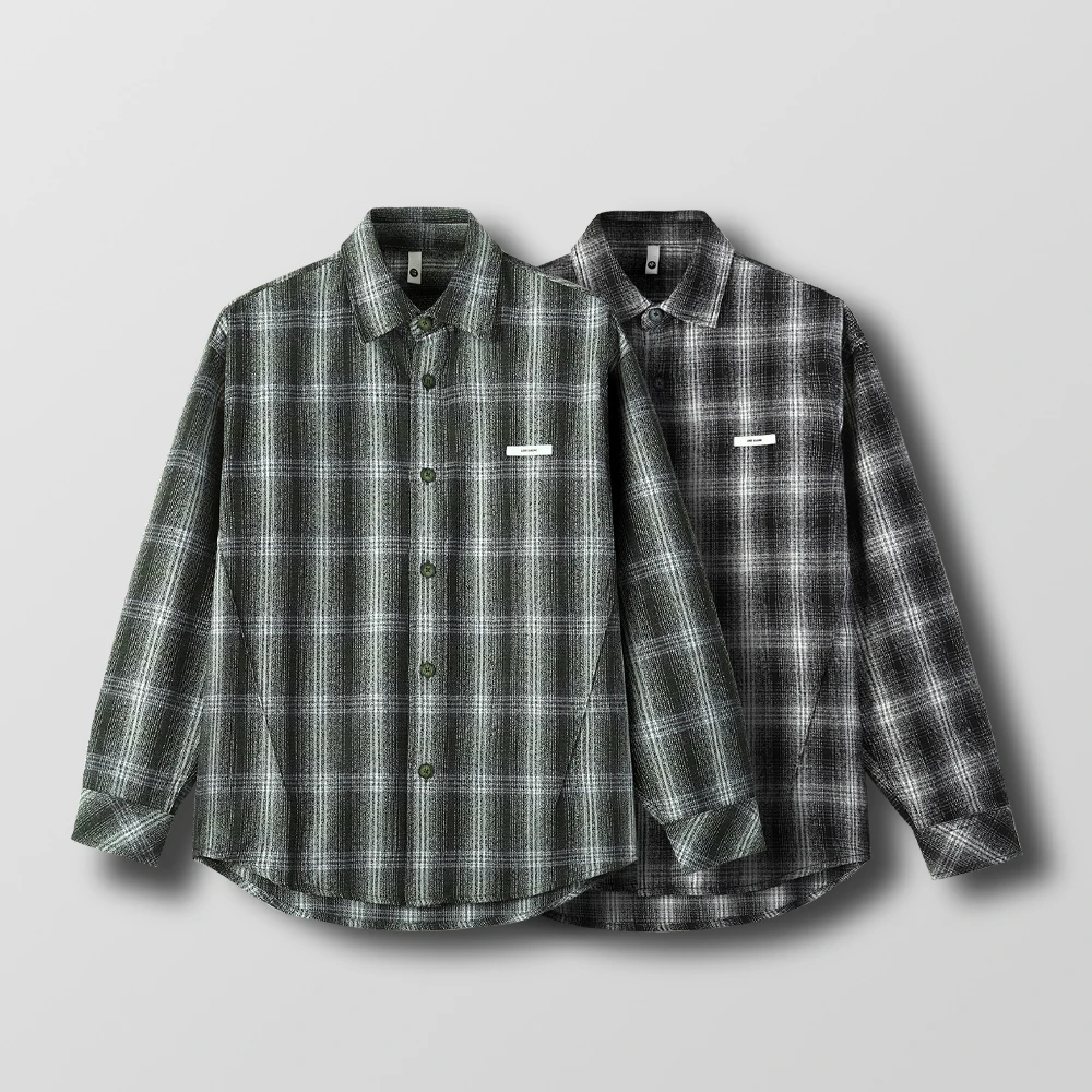 【质感】男秋季 休闲格纹长袖双色磨毛衬衫宽松百搭翻领外套衬衣