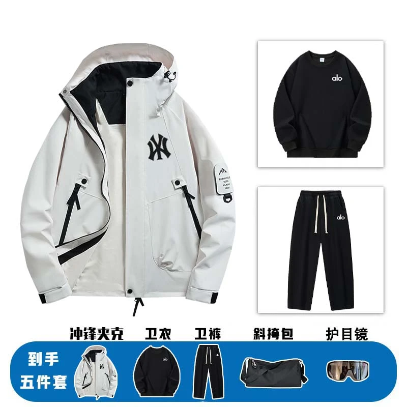 联名款男士冲锋夹克防泼水防风连帽五件套直筒卫裤户外登山服外套