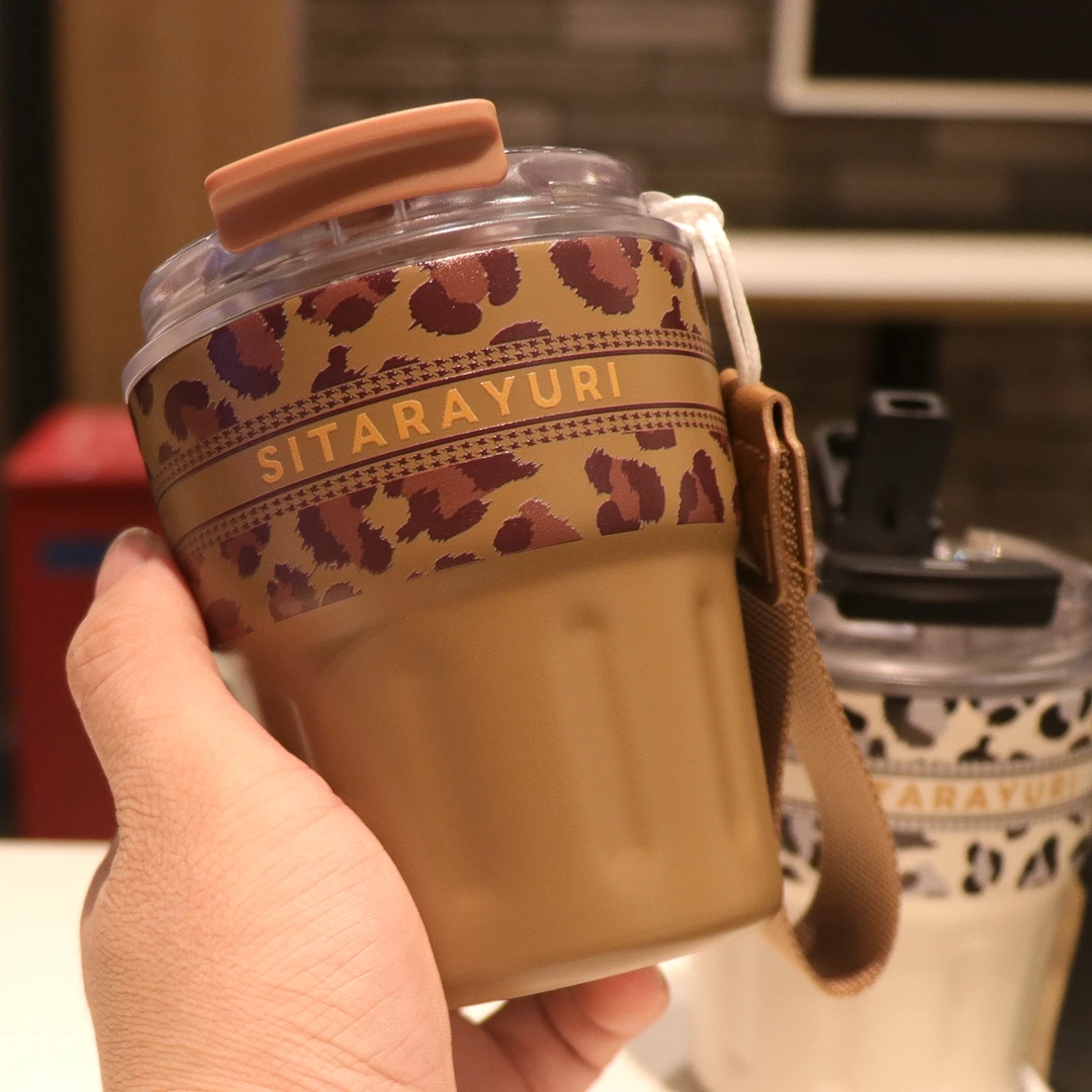 可爱豹纹保温杯双饮口吸管杯办公室咖啡杯子外出便携随行水杯迷你