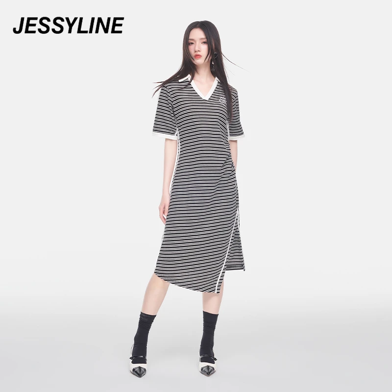 1721【刘一昂专属】jessyline杰茜莱条纹中长款高级感百搭连衣裙女