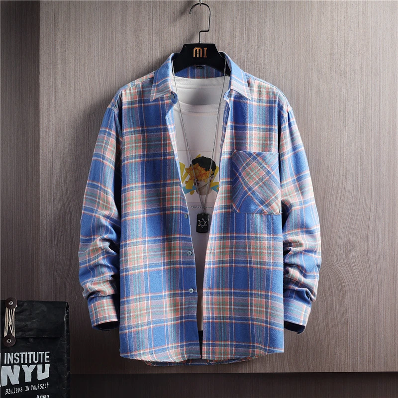 新款长袖格子衬衫小众休闲薄款简约翻领潮流男士外套设计感百搭