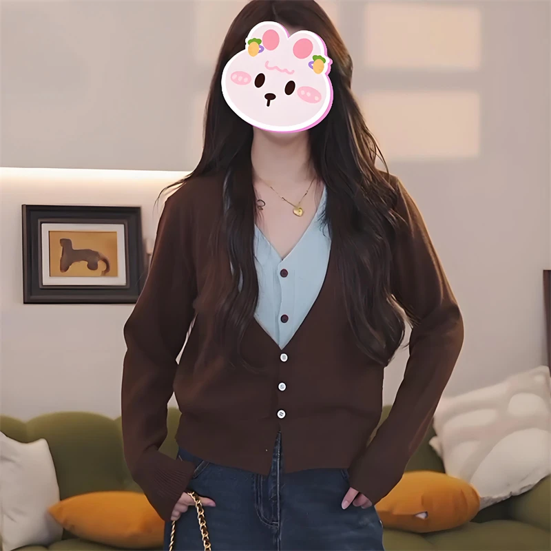 撞色假两件针织开衫女秋季新款宽松显瘦设计感小众V领慵懒毛衣潮