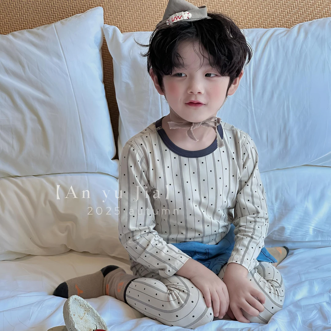 【糯七】新款纯棉A类无骨莱卡家居服男宝中大童保暖秋衣秋裤套装