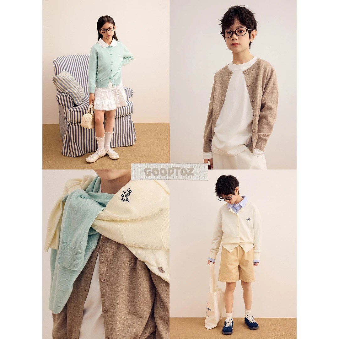 GOODTOZ 7/8 中大童圆领绣花薄款针织开衫毛衣儿童30羊毛针织衫秋