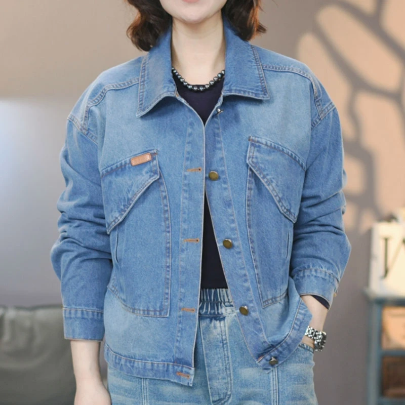 8766-1蓝水洗牛仔外套2025新款百搭牛仔上衣显瘦牛仔夹克潮流
