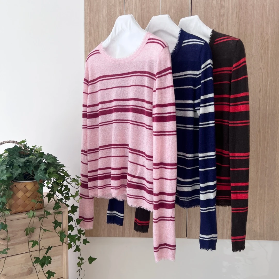 毛边领条纹撞色圆领针织衫9502