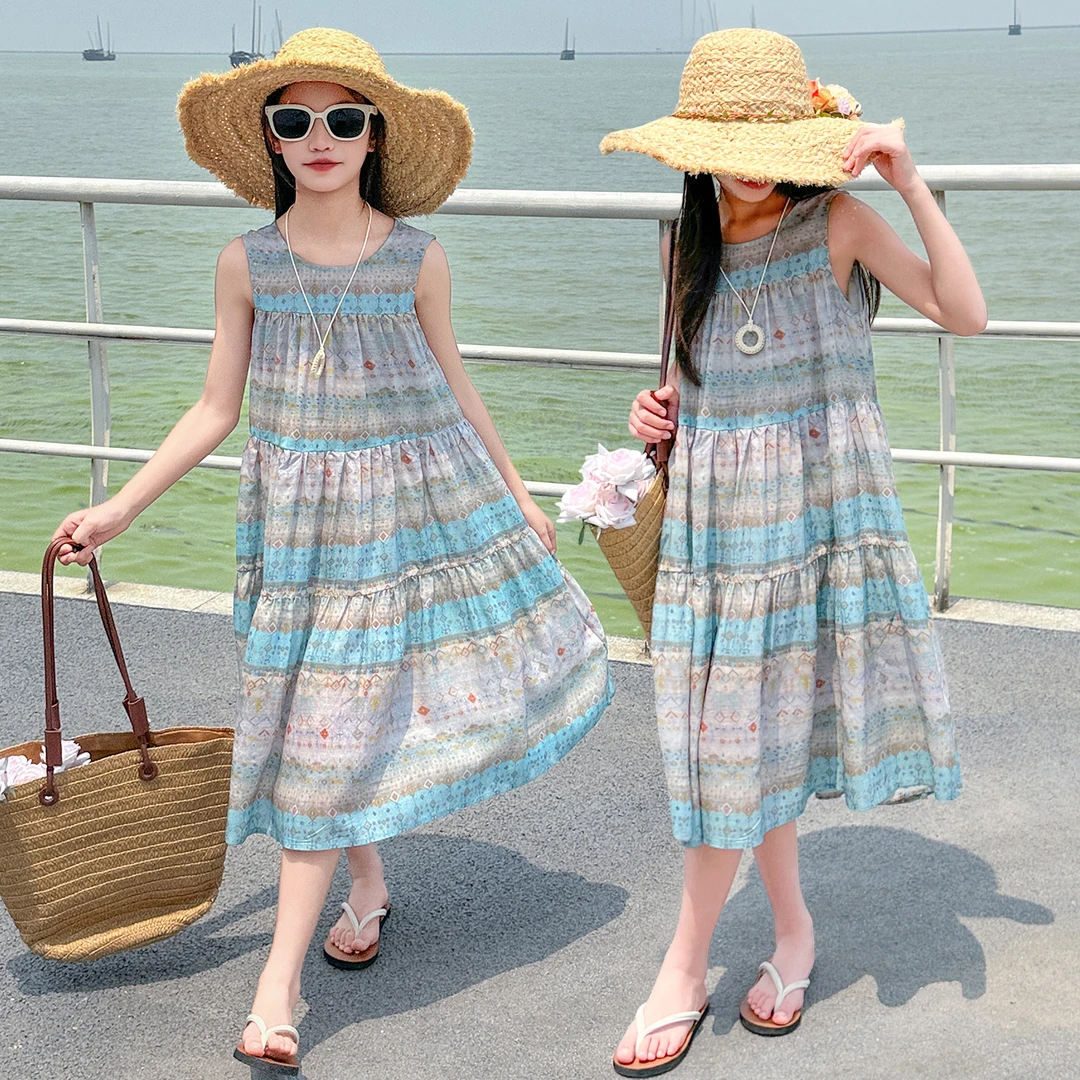 女童森系清新无袖连衣裙夏季2025新款儿童沙滩裙子大童背心公主裙