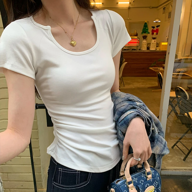 大码辣妹u领收腰抽褶显瘦正肩短袖T恤女夏季2025年新款修身上衣