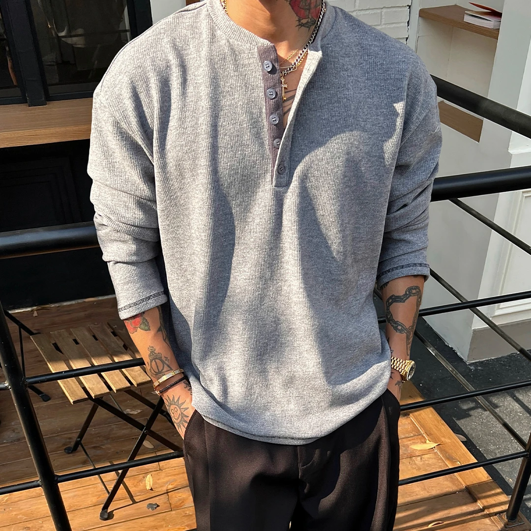 OXFREAK「老钱风 亨利领」灰色静奢长袖t恤男宽松休闲内搭打底衫