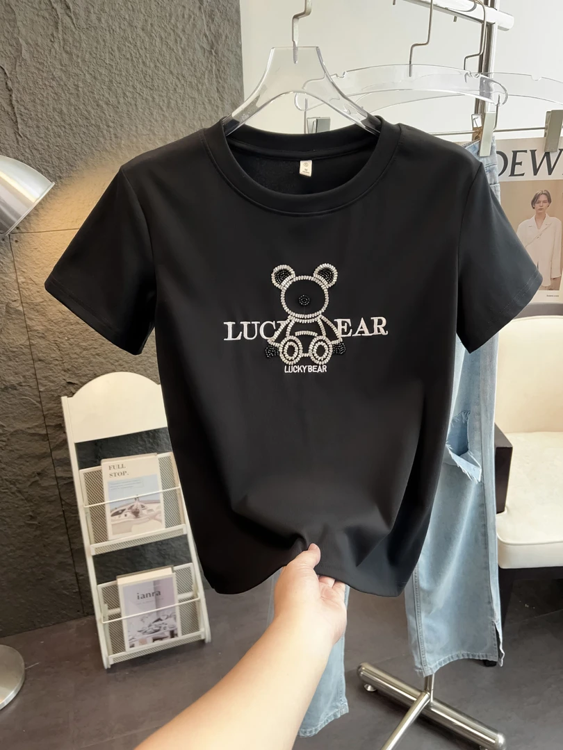 夏季2025新款时尚圆领重工烫钻T恤纯色宽松吸汗休闲百搭显瘦夏装