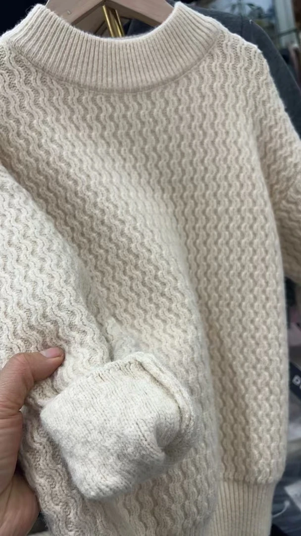 长袖休闲针织衫保暖套头加绒韩版圆领【单净面白】