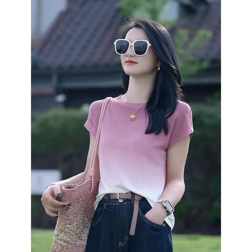 GPTSu渐变色冰丝短袖t恤女士夏季薄款圆领显瘦时尚百搭设计感上衣