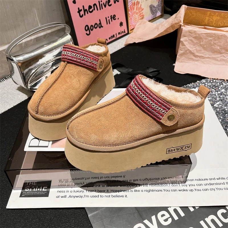厚底增高勃肯鞋雪地靴半拖女冬季加绒保暖毛绒2025新款棉拖鞋外穿