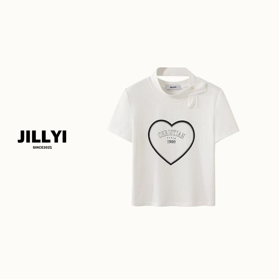 jillyi【西米露】白色圆领街头风短袖时尚夏装纯色印花时尚百搭T恤