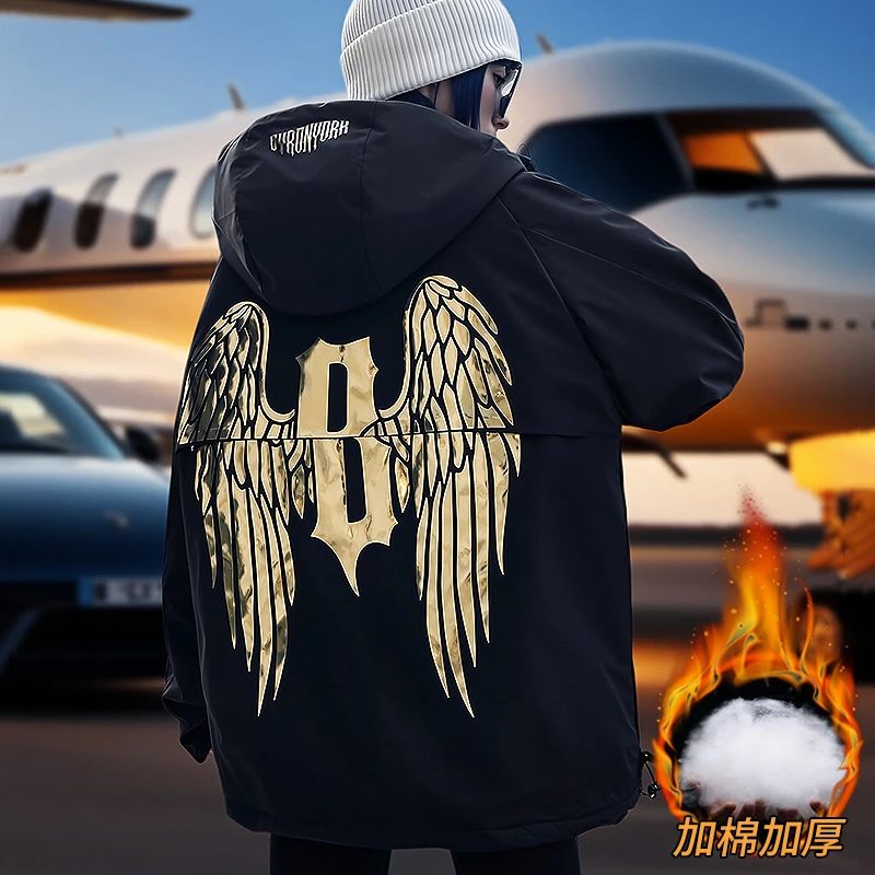 BY潮牌秋冬新款烫金翅膀户外风衣/男女同款潮流宽松时尚外套男