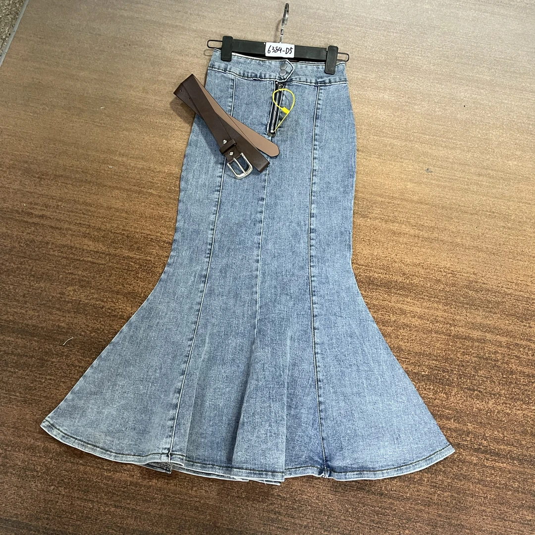 D5-6384高货 春装新款 浅蓝小众拼接大鱼尾长裙 高弹（不退换）