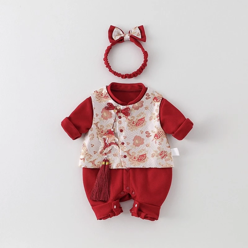 婴儿秋装连体衣女宝宝中式小金鱼马甲外套新生儿满月百天抓周礼服