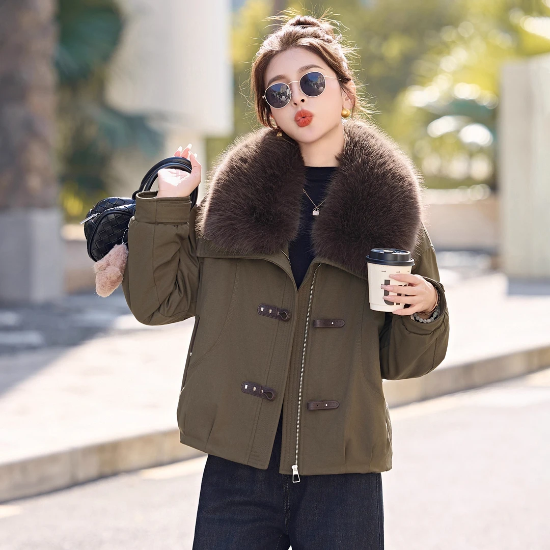 时尚大毛领加绒加厚派克服女2025冬季新款流行保暖工装风棉服外套