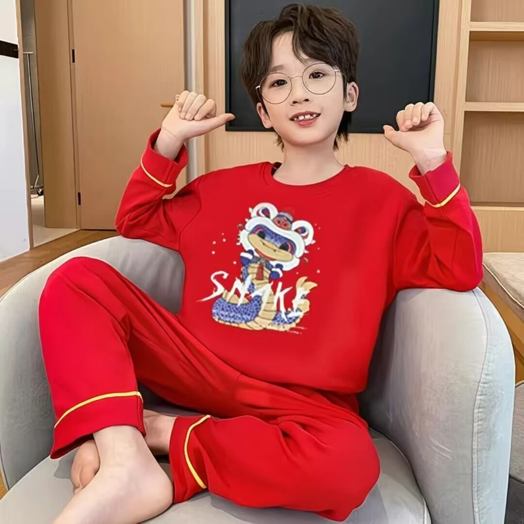 2025新年款纯棉睡衣儿童女孩喜庆中国红男童睡衣套装中大童家居服