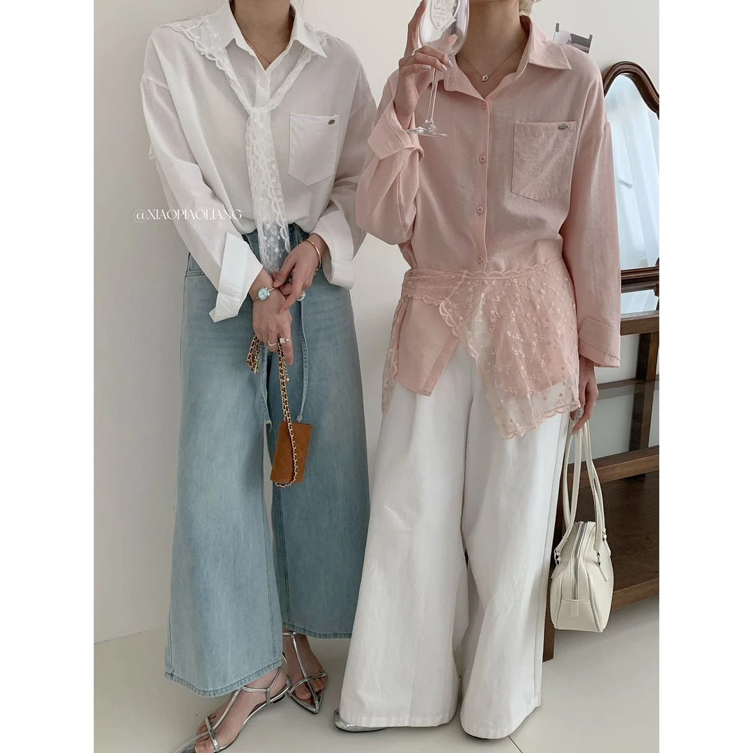 小羊专属-新款法式休闲别致百搭蕾丝披肩+衬衣长袖套装女8005#0.1