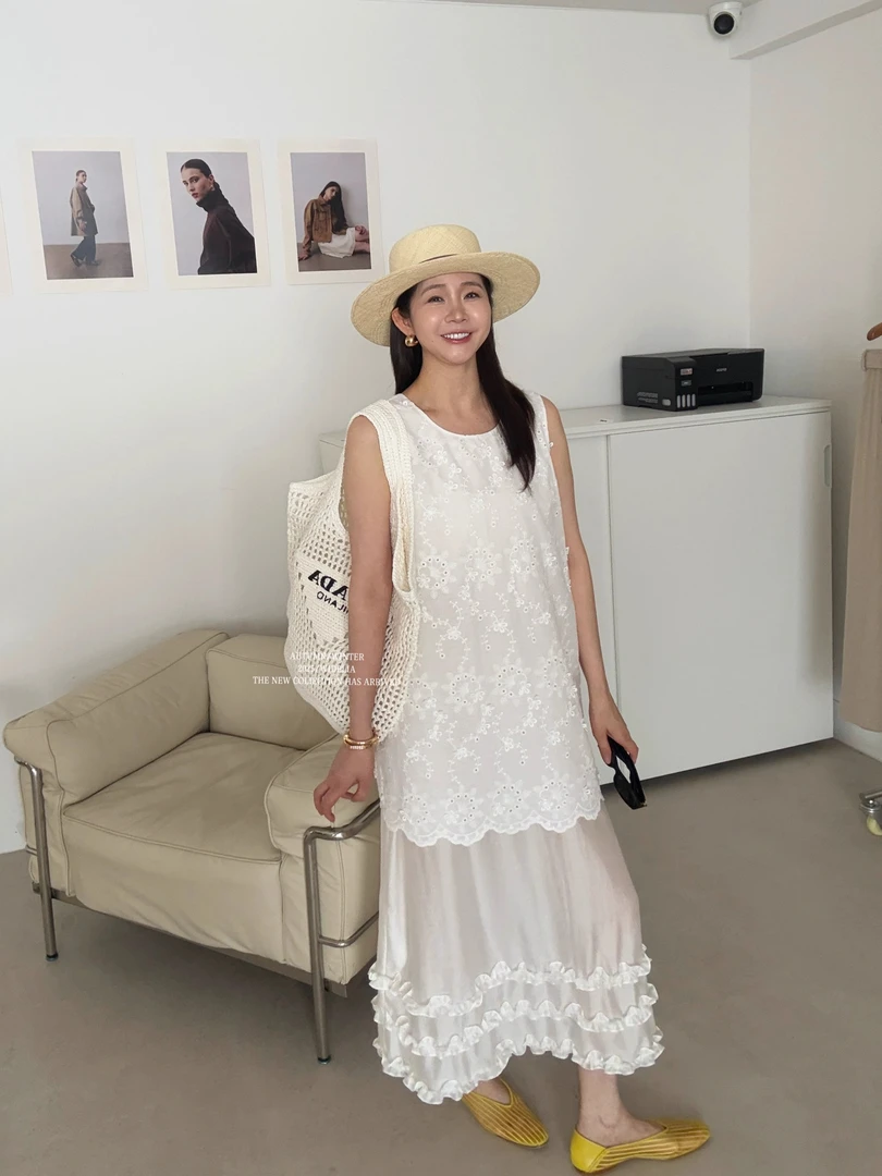 widelia夏季韩系重工刺绣白色背心裙假两件花边连衣裙7312