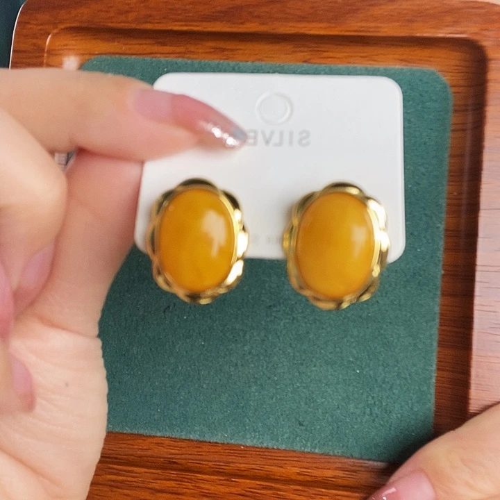 蜜蜡银S925镶嵌耳饰耳钉
