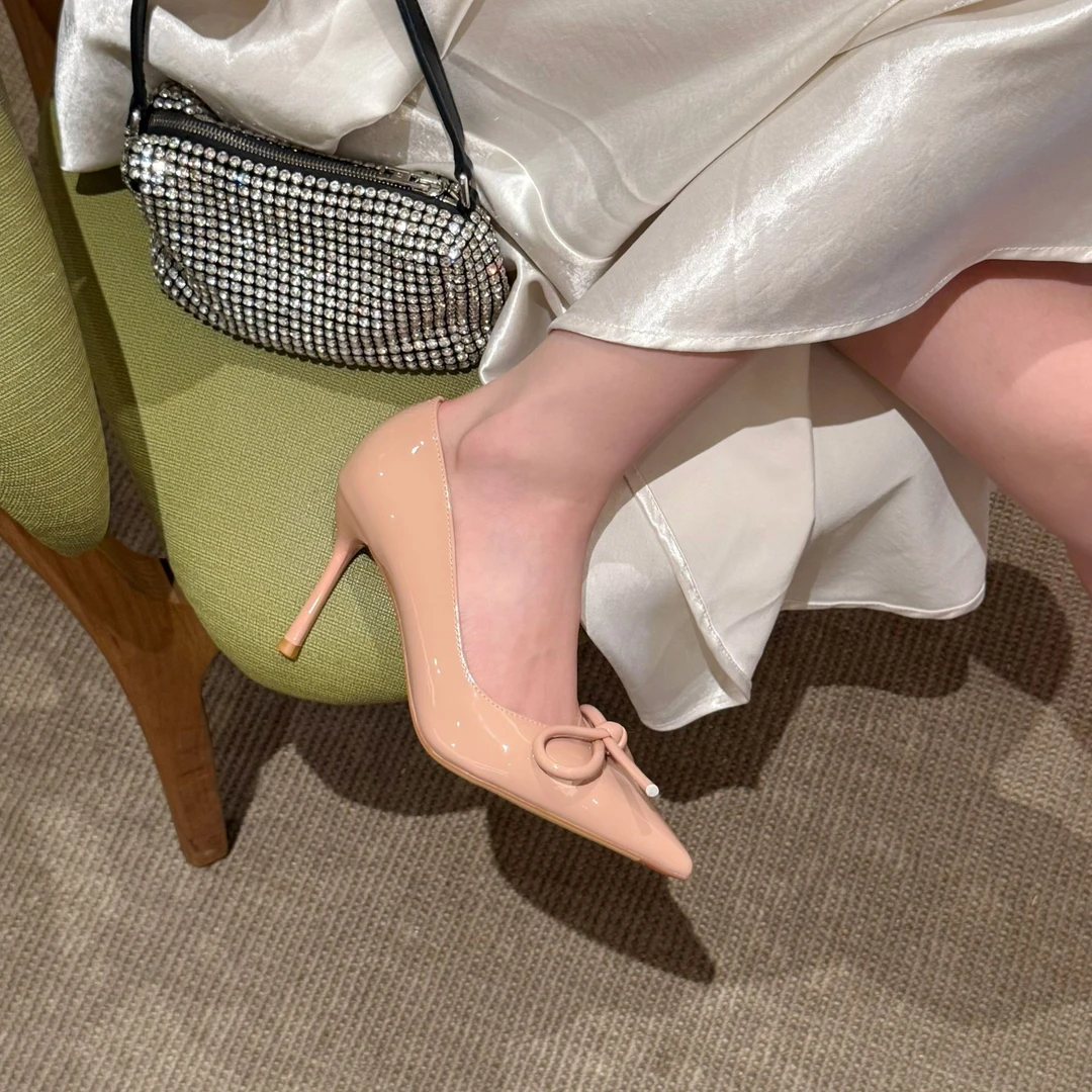 Yixin Girl 法式裸色蝴蝶结高跟鞋女不累脚高级感黑色单鞋百搭