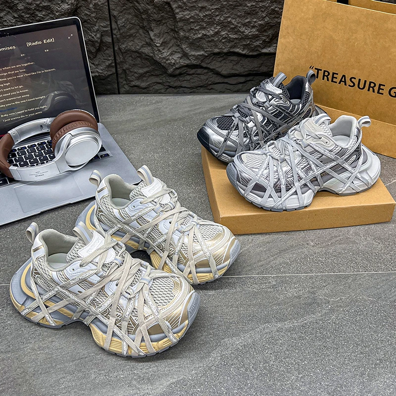 蜘蛛网绑带厚底老爹鞋女2025秋季新款网面复古透气跑步运动休闲鞋