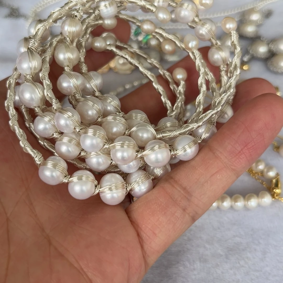 钛钢淡水珍珠耳饰手镯绕丝