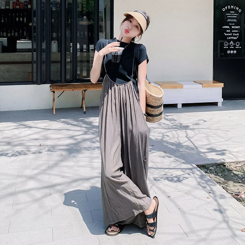 压褶垂感吊带裤套装女夏季2025新款时尚炸街T恤阔腿拖地裤两件套