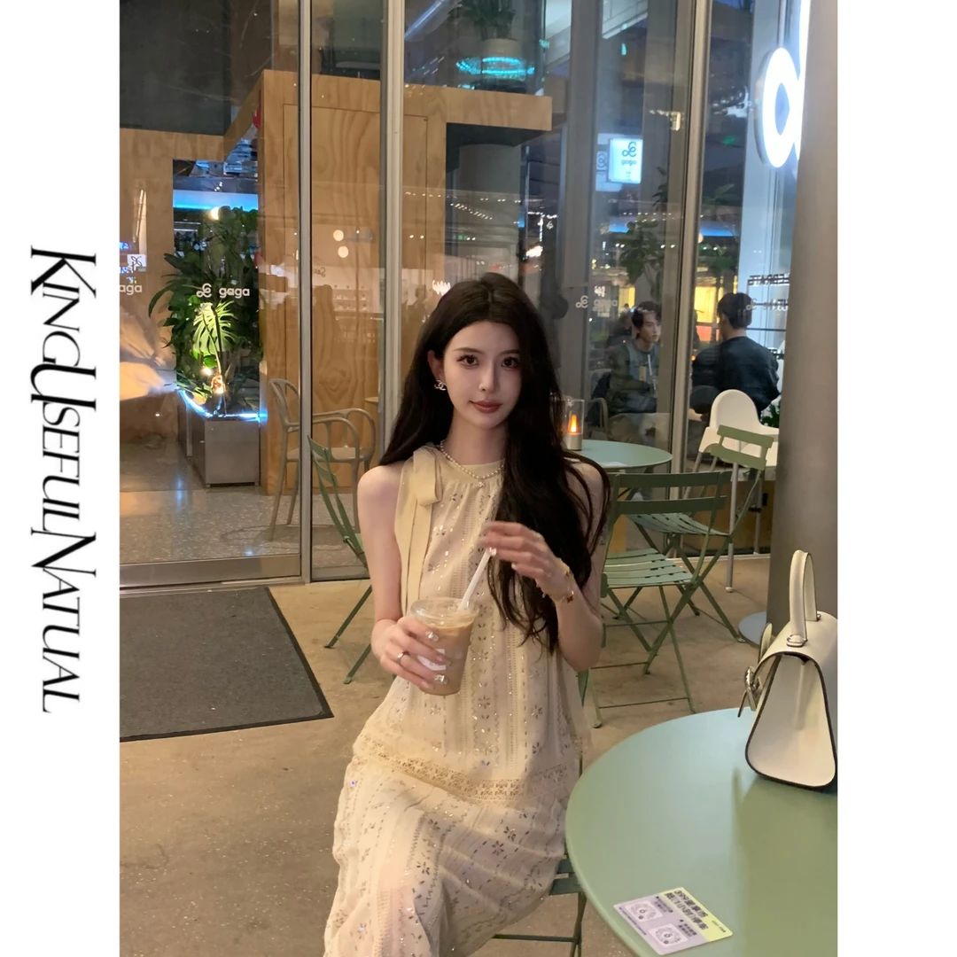 KUN【多情夏威夷】华丽换季 金银纱线满钻点缀凉感挂脖上衣半裙套装