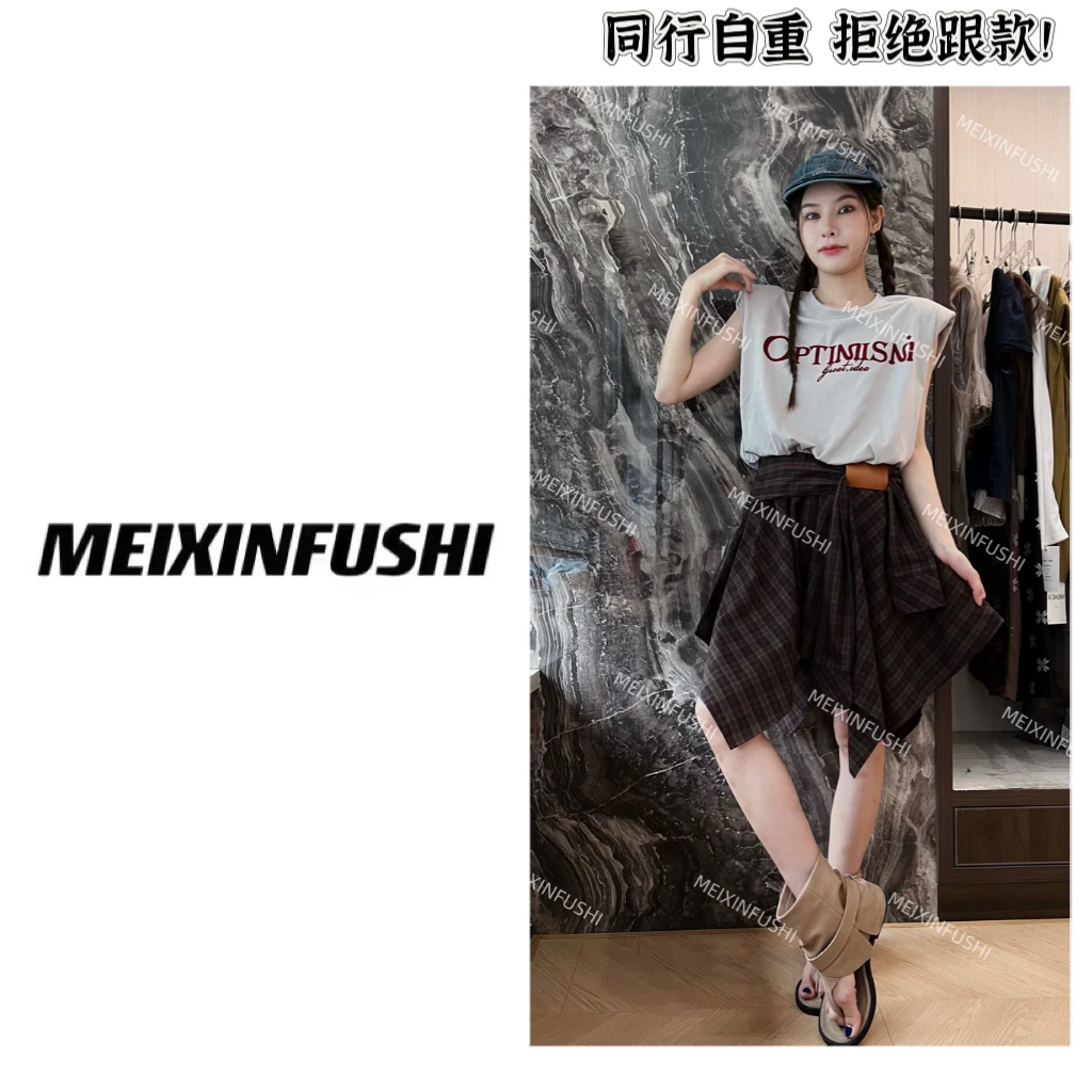 【Mei Xin】欧货字母无袖上衣拼接格子连衣裙/9360/D