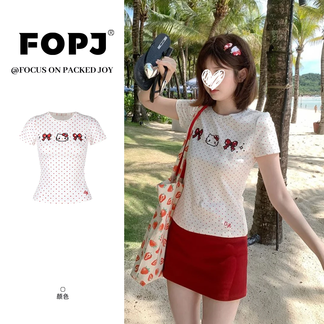 FOPJ刺绣款日系kitty圆领波点正肩短袖T恤女纯欲风甜辣妹短款上衣