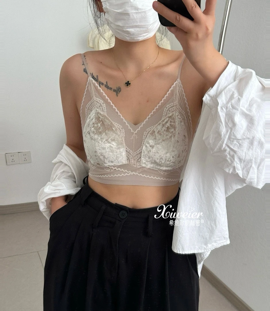 新款丝绒蕾丝大露背新款一体固定杯女内衣纯欲辣妹风拢透气抹胸