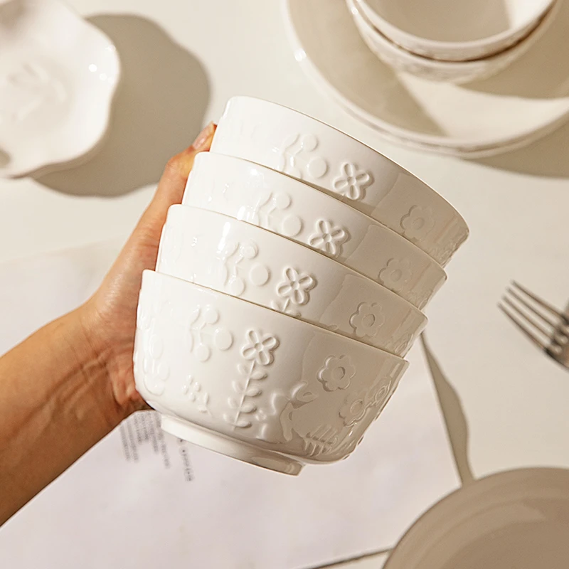 摩登主妇北欧陶瓷饭碗汤碗创意浮雕碗碟套装简约现代菜盘鱼盘餐具